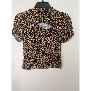 Forever 21 Medium Leopard Ribbed Mock Neck Keyhole Top